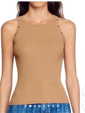 Sandro Ribbed Sleeveless Tank Top in Tan